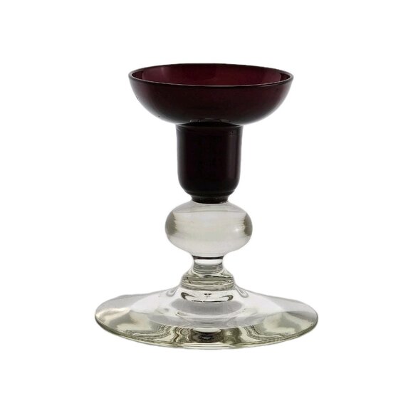 Unmarked Other - Ruby Red Glass Candlestick Clear Footed Ball Stem 4" vtg colorblock taper candle